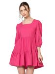 June 9 Clothing Pink Cotton Midi Dress for Women with Puffed Sleeves Flared Western Midi Dresses for Girls - Small