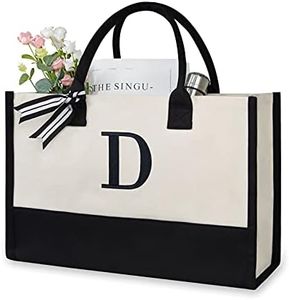 TOPDesign Personalized Initial Canvas Beach Bag, Monogrammed Gift Tote Bag for Women, D, Medium