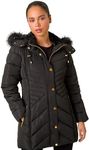 Roman Originals Padded Coat for Women UK - Ladies Longline Puffer Winter Quilted Parka Waterproof Rainproof Wind Resistant Thermal Jacket Long Length Warm Zip Hood Puffa Cosy - Petite Black - Size 10