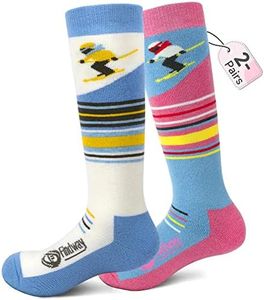 findway Kids Ski Socks Merino Wool (2 or 3 Pairs) Winter Warm Socks,Snowboarding Thermal Socks for Boys Girls 3-16 Years, 2 Pairs-blue+pink, Small