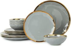 Pokini Porcelain Luxury Dinnerware Sets, Modern Plates and Bowls Sets for 4, Highly Chip and Crack Resistant, Grey and Gold Rim China Dishes Set for Wedding Anniversary