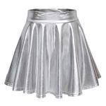 EXCHIC Women's Shiny Metallic Wet Look Stretchy Flared Mini Skater Skirt (M, Silver)