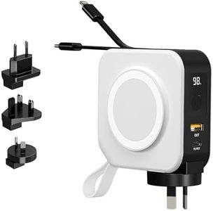 Universal 6 in 1 Portable Wireless Charger | FREE Travel Case Included | Universal Travel Charger | Fast Charging | MagSafe Compatible Power Bank | Includes International Snap On Adapters (Snow White)