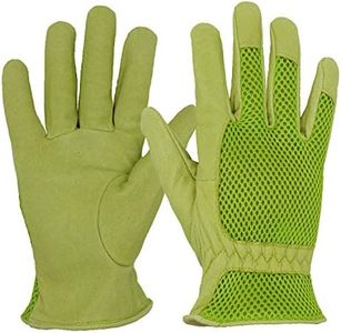 HANDLANDY Leather Gardening Gloves for Women, 3D Mesh Comfort Fit- Improves Dexterity and Breathability, Pigskin Scratch Resistance Garden Working Gloves for Vegetable or Pruning Roses, Pigskin Palm + 3D Mesh Back, Green, Medium