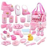 deAO Baby Doll Accessories Set 40PCS Pretend Play Role Play Games Set with Baby Feeding Accessories, Bag, Doll Bear, Bath, Soother Dummy, and Much More-Nurturing Pretend Toy for Kids