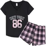 YIJIU Women's Shorts Pajama Set Short Sleeve Sleepwear Summer 2 Piece Nightwear Pjs,Black Letter,XS