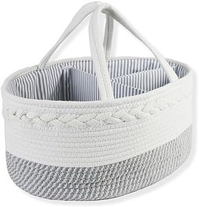 Baby Diaper Caddy, Nappy Organiser, 38 x25 x18 CM, Stylish Rope Nursery Storage Bin, Portable Car Organizer with Removable Inserts (White/Grey)