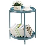 TeoKJ 2 Tier Round Side Table, Folding Metal End Tables Small Nightstand Accent Table with Two Removable Tray for Bedroom Living Room Bedside Small Spaces Blue Gray
