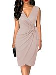 oten Women's Sexy V Neck Cap Sleeve Sheath Ruched Work Cocktail Wedding Short Dress with Tulip Hem Nude XX-Large