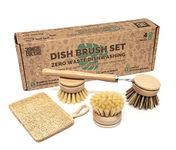 Jungle Culture Premium Washing Up Brushes & Loofah Scourer • Eco Dish Brush Set • Long Handle Bamboo Brush with 3 Replacement Heads • Eco Friendly Dishwashing • Wooden Kitchen Brush Pans Plates Dishes