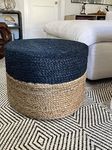 S & L Homes Pouf Ottoman - 100% Jute Braided Footrest Pouf Hand Knitted Traditional Cord Boho Pouffe for Living Room, Bedroom, Nursery, Patio, Lounge Colorblock - Natural Navy (20”x20”x10”)