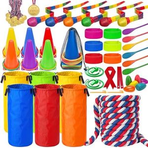 LINAYE Field Day Games for Kids Adults, Outdoor Activities Carnival Lawn Yard Family Reunion Survivor Games Tug of War Rope, Potato Sack Race Bags, Ring Toss, Throw and Catch Ball for Birthday Party