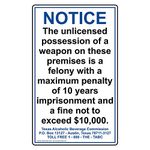 ComplianceSigns.com Vertical Texas Notice The Unlicensed Possession of A Weapon On These Premises is A Felony Sign, 14x8.5 inch Plastic