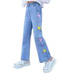 Rolanko Big Girls Baggy Jeans Elastic Wide Leg Stretch Denim Pants Loose Kids Clothes (Colorful Butterfly, 10-12)