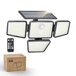 Philips Solar Security Light Outdoor, 196 LED Wall-Mounted Flood Light w/PIR Motion Sensor, 3 Modes, 4 Adjustable Heads Solar-Powered Floodlights with Remote Control, IP65 Waterproof