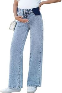 BLENCOT Pregnancy Jeans for Women Maternity Wide Leg Pants High Waisted Trendy Loose Casual Denim Outfits with Pockets Myosotis XX-Large
