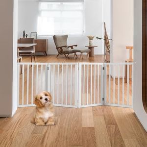 Petzly Foldable Dog Gate, Freestanding Pet Gate for Puppy Small Dogs and Cats, Dog Fence for House Stairs Doorway Bedrooms, No Drill Pet Barrier Indoor/Outdoor, 4 Panels Fence, White - 188CM x 61CM