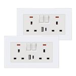 BSEED Double Socket 13A with 2 USB A and USB C 18W, Double Switched Socket 2 Gang UK Standard, Switched Outlet with Glass Panel, Electric Power Outlet White, 2 Pack