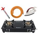 Khaitan Gas Stove Combo - One 2 Burner Nano Gas Stove + Hindflame Dry Iron Press + Gas Lighter + 1 LPG Hose Pipe