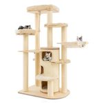 COSTWAY Cat Tree, 173cm Tall Cats Climbing Tower with 3-Story Condo, Sisal Scratching Posts, Hammock and Spring Ball, Indoor Kitten Activity Furniture Play House (Beige)