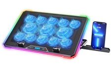 Laptop Gaming Cooling Pad, NESTELLE Netbook RGB Cooler Stand Adjustable Speed 13 Quiet Fan for 12 to 17.3 Inches Gamer Laptops with 9 Height, LED Lights LCD Screen, 2 USB Port, Phone Holder Stand