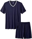 MoFiz Mens Pajama Set Summer Pjs Sleepwear Nightwear Lightweight Quick Dry Soft Short Sleeve V-Neck Pjs Sleep Set With Pocket, 8-navy, Large