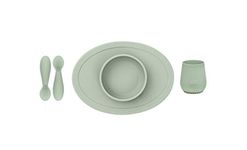 ezpz First Food Set - 100% Food Grade Silicone Suction Bowl with Built-in Placemat, Training Cup & Spoon - Designed by a Pediatric Feeding Specialist - Promotes Self Feeding - 6 Months+ (Sage)