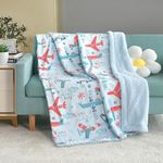 Marina Decoration Reversible Rich Printed Woven Fluffy Plush Soft Warm Flannel Fleece Children Throw Sherpa Kids Blanket, 40 x 50 Inch Airplane Kingdom with Blue Base Pattern