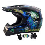 Youth Kid Motocross Helmet, With Goggles Mask Gloves, Adult Motorbike Helmet, Full-Face Off Road MX Motorcycle Helmet Dirt Bike ATV Scooter MTB BMX Downhill Quad Bike Enduro Racing Helmet ( Color : Bl