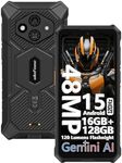 Rugged Phone Canada, Ulefone RugKing 3 Pro Unlocked Smartphone, Octa-core 16+128GB/2TB TF, Android 15, 6.56” 120Hz, 48MP+2MP+8MP Cam., 5700mAh, Water-Lock, Dock Charging, Al Assistant(Gemini) - Black