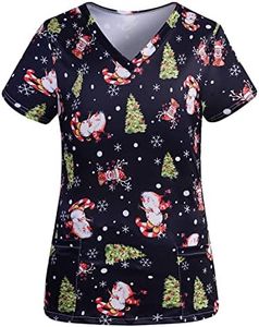 Christmas Scrub Tops Women Cute V-Neck Short Sleeve Santa Claus Snowman Xmas Printed Holiday Nurse Working Uniforms, Xmas-03, Medium