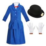 Girl Magical Victorian Nanny Costume - Small - Blue Jacket & Skirt, Black Bowler Hat, White Gloves - Kids World Book Day Book Week Fancy Dress Costume