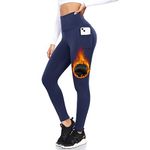 DHSO Fleece Lined Leggings with Pockets for Women-High Waisted Winter Tummy Control Thermal Warm Yoga Pants for Hiking Workout, Navy, L-XL