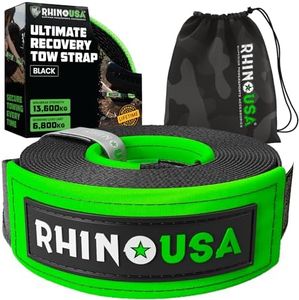 Rhino USA Recovery Tow Strap 7.6 cm x 9.1 m Lab Tested 13,600kg Break Strength - Heavy Duty Offroad Straps with Reinforced Ends for Peace of Mind - Emergency 4x4 Off Road Towing Rope - Black