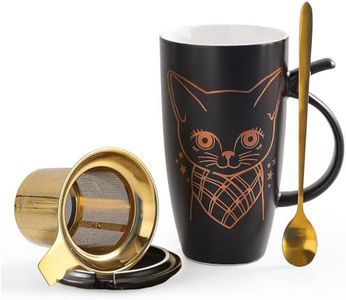 DELARLOCHEF Tea Mug With Infuser And Lid - 20oz Microwave & Dishwasher Safe Ceramic Mug, Cat Lover Gift with Leak-Proof Lid, 304 Stainless Steel Strainer & Spoon, Graduation Gifts, Golden Black Cat