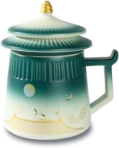 Coolpei Tea Cup with Infuser and Lid,Loose Leaf Tea Steeper Cup 14.8oz Ceramic tea Infuser Mug Travel Large Steeping Cup Diffusers Mugs with Fine Strainer and Handle (White&Green)