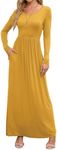 DEARCASE Maxi Dress for Women Yellow Large Crewneck Long Sleeve Sundress Wedding Guest A-line Plain Casual Vacation Empire Waist Flowy Party Vintage Spring Fall Winter Floor Dresses with Pocket