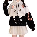 Cuteighteen Cute Cat Graphic Hoodies Pullover Teens Japanese Kawaii Anime Print Hooded Sweatshirt Fashion Tops, Black, One Size