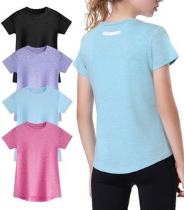 EXARUS 4 Pack Girls Athletic Shirts Quick Dry Short Sleeve Tshirts Crewneck Tee Workout Activewear Tops for Kids 8-16Y, Set 4, 16 Years