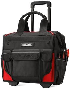 HAUTMEC 14.5" Rolling Tool Bag on Wheels, Heavy-Duty Tool Bag with High-Density Oxford Fabric, Oversized Off-Road Wheels, Wide-Mouth Design, 25-Pocket, Double Zipper & Telescoping Handle - HT0179