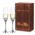 NUPTIO Champagne Flutes Glasses Personalised: Set of 2 Wedding Champagne Flute with Wooden Gift Box Crystal Silver Toasting Glass Gifts for Mr & Mrs Bride Groom Engagement Anniversary Birthday Party