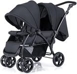 Maxmass Double Seat Baby Stroller, Folding Infant Pushchair with Adjustable Handlebar & Backrest, Storage Basket and Detachable Canopy, Travel Toddler Buggy for Shopping, Hanging Out (Black)