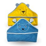 Kridlo Super Soft 100% Cotton Newborn Baby Hooded Terry Towel - Pack of 2, 70x70cm, Ideal for 0-2 Years (Blue Sheep_Yellow Bear)