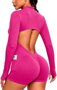 SEASUM Women's Long Sleeve Backless Workout Bodysuit with Side Pockets Stretch Yoga Zip up Romper for Gym Jumpsuits Pink L