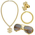 HPMAISON 4PCS Hip Hop Punk Cosplay Costume Kit 80s/90s Rapper Sunglasses Dollar Sign Necklace Rings Bracelet Gold Chain Disco Outfit for Men Women Fancy 2000s Fancy Dress Party Accessories