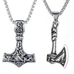 Weenkeey 2 Pcs Thors Hammer Necklace Axe Necklace Norse Viking Amulet Pendant Necklace Gothic Punk Rock Hip Hop Pendant Necklace for Men - Silver