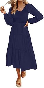 MEROKEETY Women's 2023 Casual Long Sleeve Smocked Dress V Neck High Waist Ruffle Tiered Midi Dresses, Navy, Large