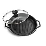 nuovva Griddle Pan with Lid NonStick - Die Cast Aluminium Induction Hob Skillet with Glass Lid – Ideal for Grilling, Oven Friendly – Grill Steak and Veggies - 2.33L 28cm Wonder Pan