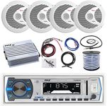 Pyle 16-25' Bay Boat Bluetooth Marine Stereo Receiver, 4 x 150W 6.5'' Marine Speakers (White), 4 Channel Waterproof Amplifier, Amp Install Kit, 18 Gauge 50 FT Speaker Wire, Antenna