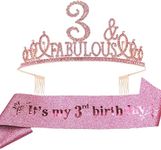 3rd Birthday Sash and Tiara for Girls - Fabulous Glitter Sash + Fabulous Rhinestone Pink Premium Metal Tiara for Girls, 3rd Birthday Gifts for Princess Party